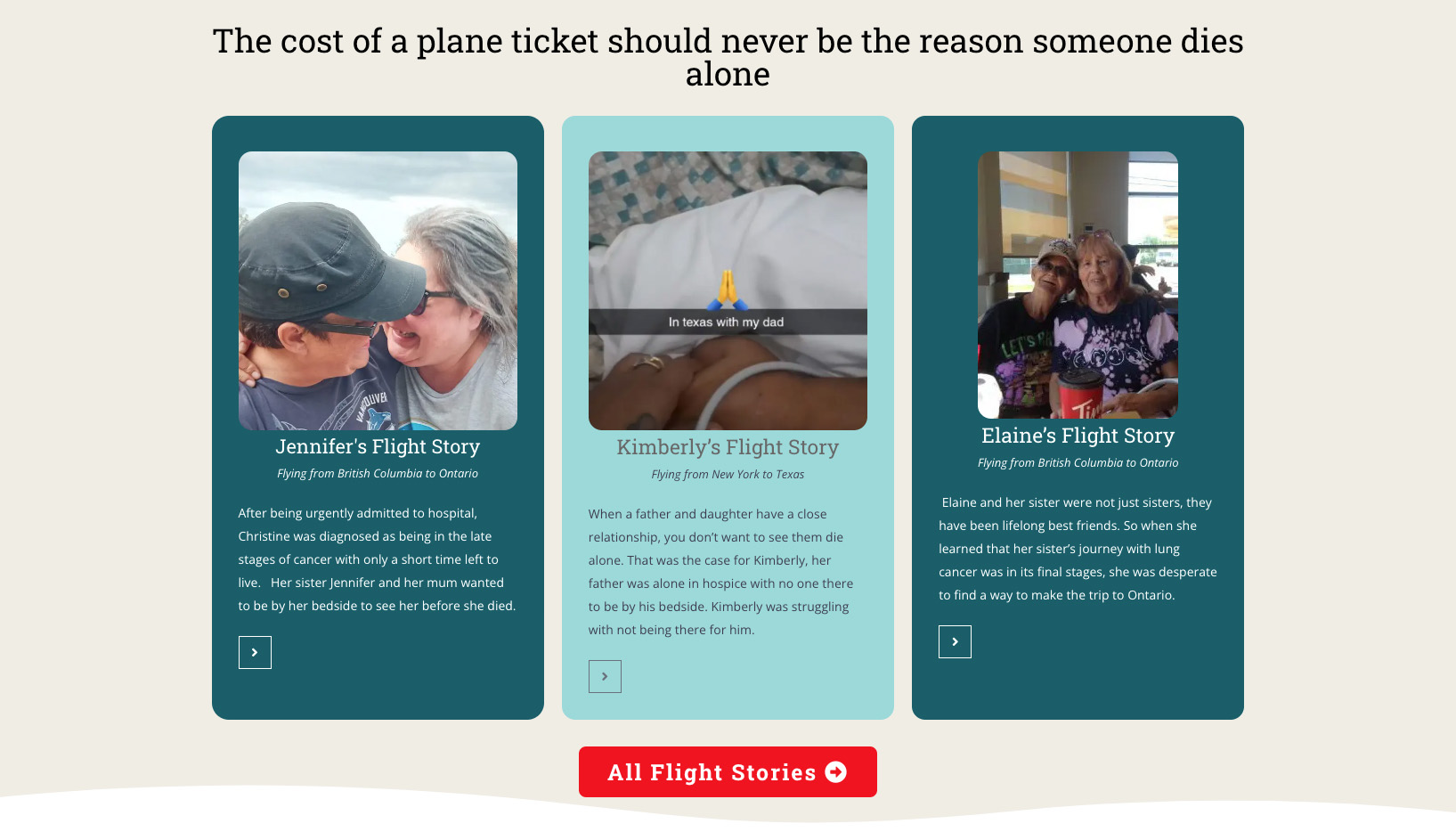 Donor stories new. Headline "The cost of a plane ticket should never be the reason someone dies alone"