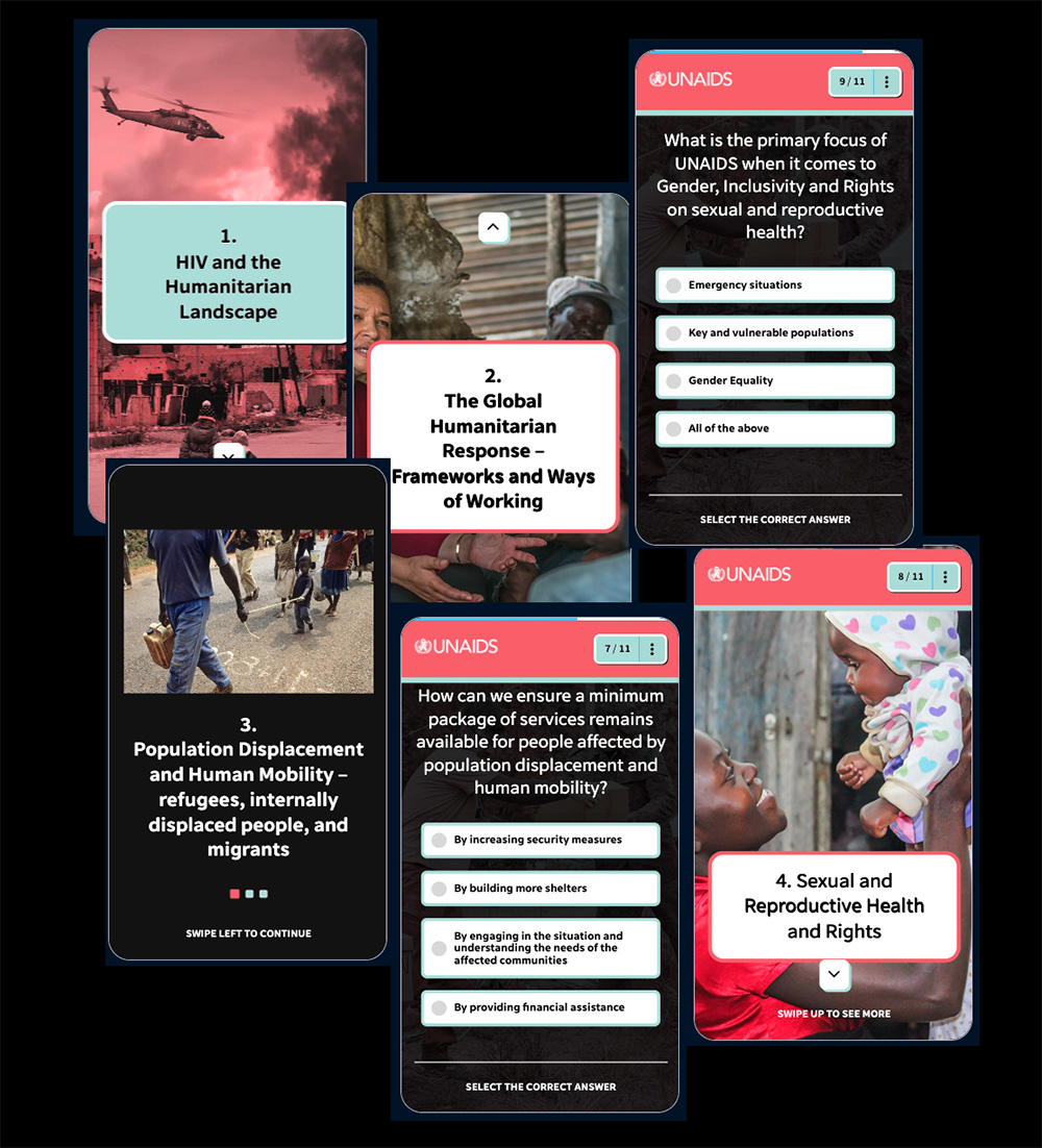 Images of mobile screens from the UNAIDS courses including cover and questions screens