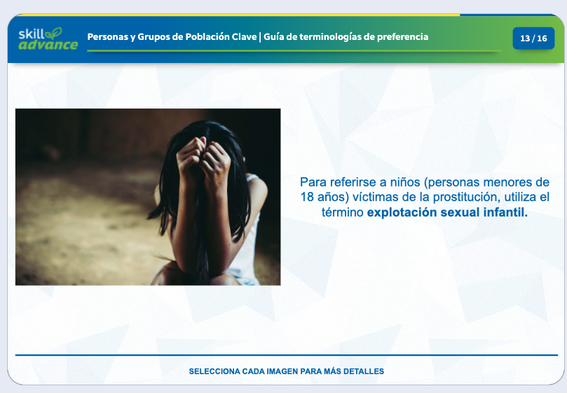 Course screen showing a woman alone hiding her face in her arms and hair in distress and text talking about trauma and exploitation