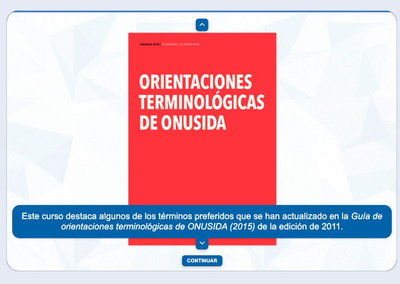 Screen of lesson showing the red cover of the book of terminology produced by UNAIDS