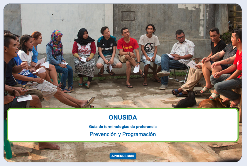 Screen shot of UNAIDS lesson in spanish on Prevention and guide to terms with a group of participants talking in a circle outside