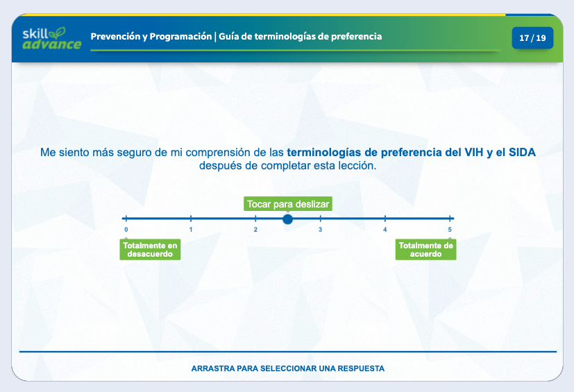 Screen showing a self evaluation question in Spanish with a scale of 1-5 asking about the participants understanding of HIV and AIDS before taking the course