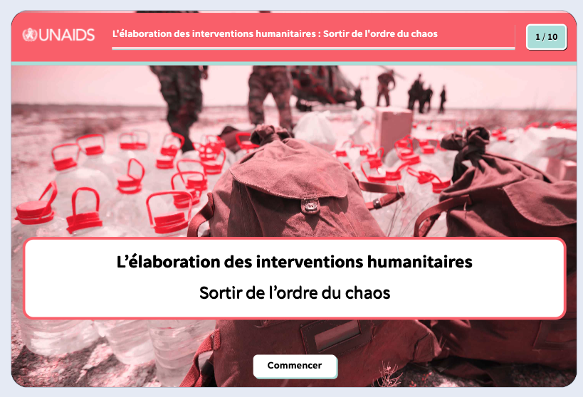 Screen from Humanitarian intervention course in french showing bottles of emergency water in the foreground and helicopter landed with military personnel in the foreground.