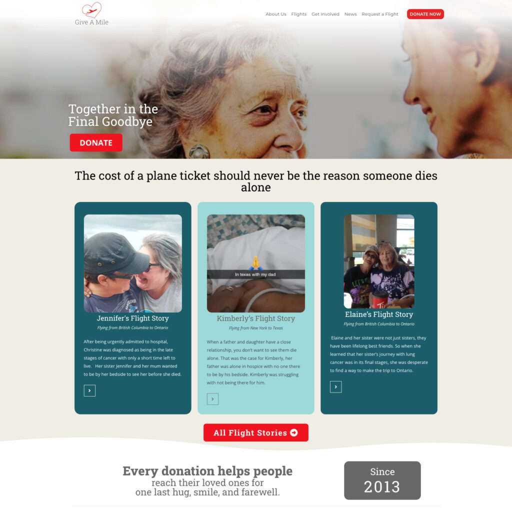 Top half of the home page for Give A Mile, redesigned
